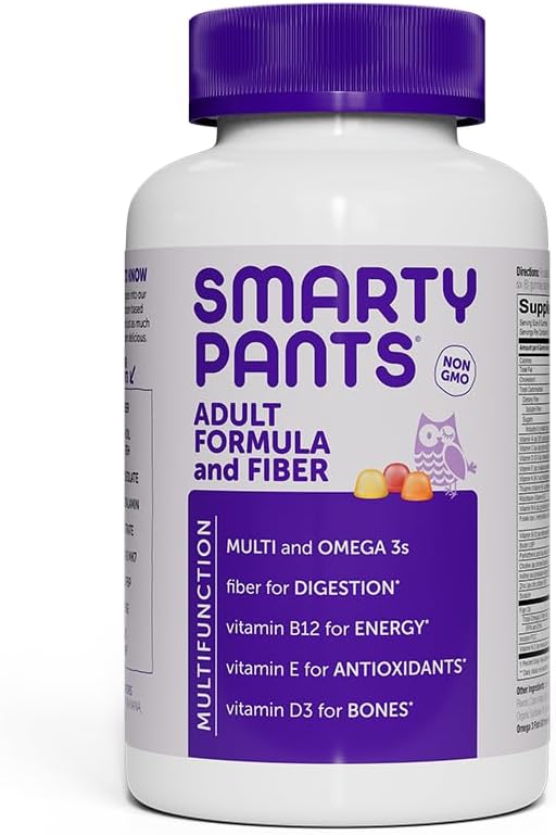 SmartyPants Supplément de fibre et multivitamine pour les hommes et les femmes: Gommies de fibre multivitamine avec vitamine D3, C, vitamine B12, B6, A, K & Zinc, Omega 3 Huile de poisson (EPA/DHA), Biotine, 180 Compte (30 jours)