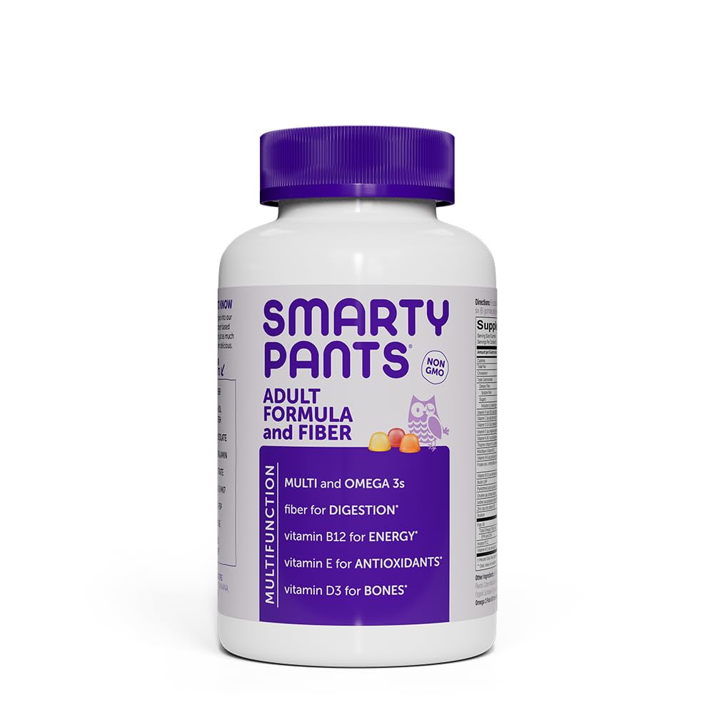 SmartyPants Supplément de fibre et multivitamine pour les hommes et les femmes: Gommies de fibre multivitamine avec vitamine D3, C, vitamine B12, B6, A, K & Zinc, Omega 3 Huile de poisson (EPA/DHA), Biotine, 180 Compte (30 jours)