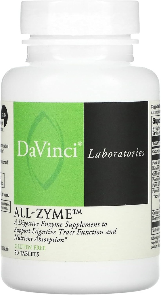 Davinci Laboratories – All-Zyme, Enzymes protéolytiques et Supplément enzymatique digestif, Bloating, Gaz, Constipation et Santé articulaire, Ingrédients non OGM, 90 comprimés