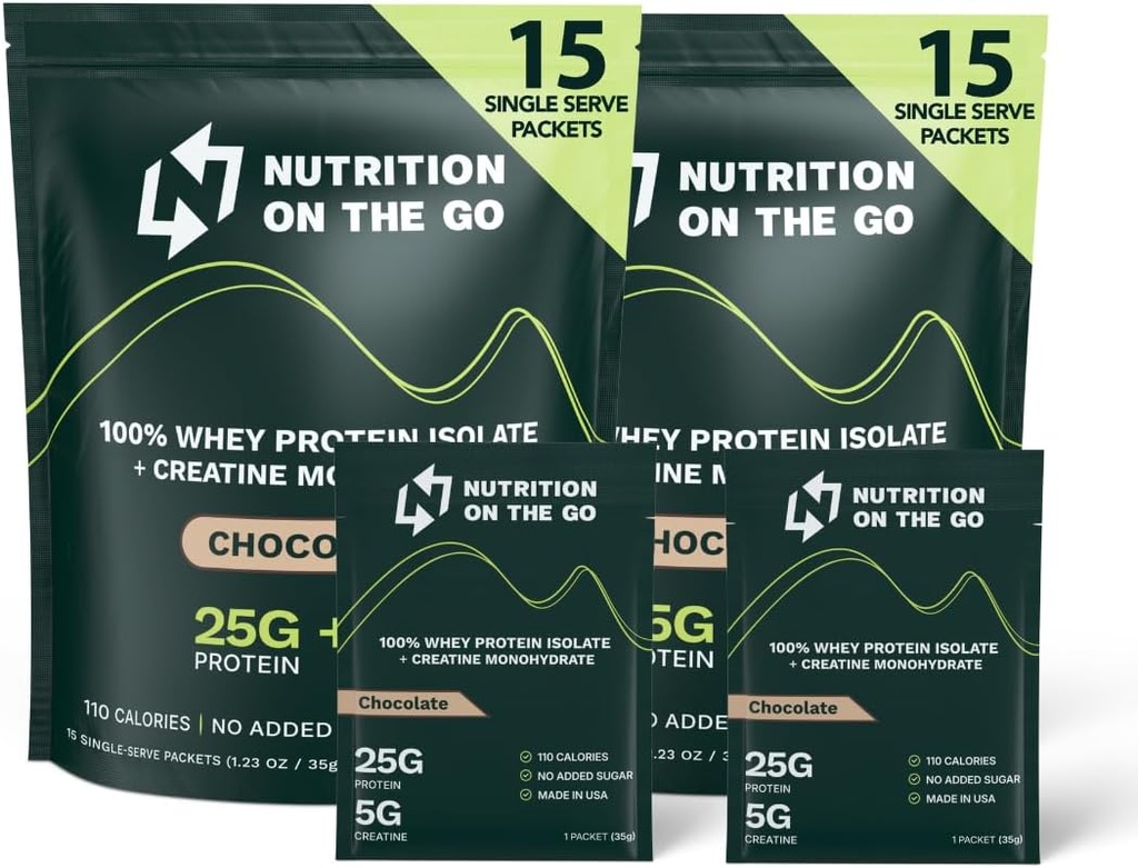 Nutrition On The Go Whey Protein Isolate Packets avec Créatine – 25g Protéines + 5g Créatine – Poudre de protéines voyage mono-serve – Chocolat (30-Pack)
