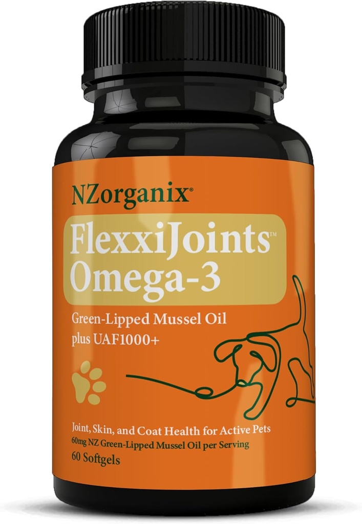 FlexxiJoints Omega-3 Hip and Joint Supplement • Huile Omega-3 de moules de couleur verte pour chiens • 100% Nouvelle-Zélande de moules de couleur verte (60 softgels)