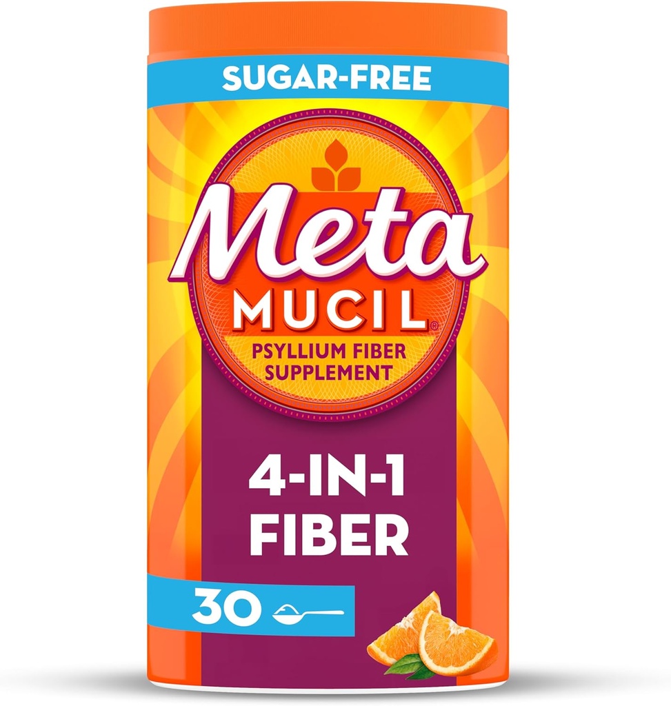 Métamucil 4 en 1 poudre de supplément de fibre quotidienne, poudre de fibre pour la santé et la régularité digestives*, sans sucre, orange, fibre de psyllium d'origine naturelle, 30 cuillères à café