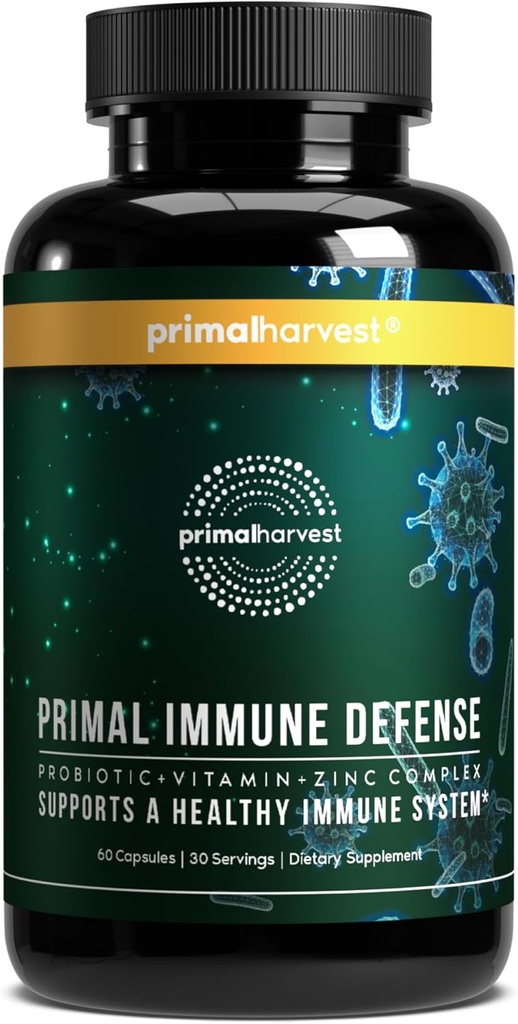 Primal Harvest Primal Immune Defense 10-in-1 Immune Defense Supplement: with 7 Billion CFU Probiotics, Zinc, Vitamins C, B6, D3, K2 - Immune Boosters for Adults 60 Capsules (1 Pack)