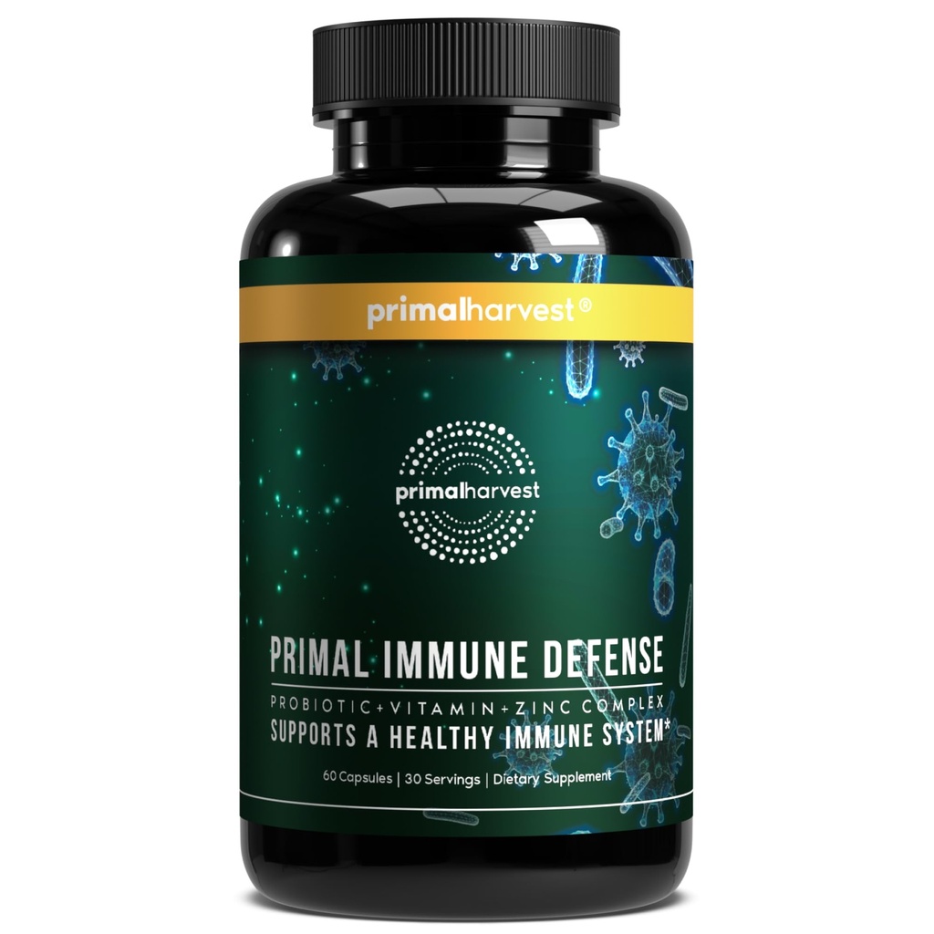 Primal Harvest Primal Imune Defense 10-en-1 Imune Defense Supplément: avec 7 Million CFU Probiotiques, zinc, vitamines C, B6, D3, K2 - Immune Boosters pour adultes 60 Capsules (1 Pack)