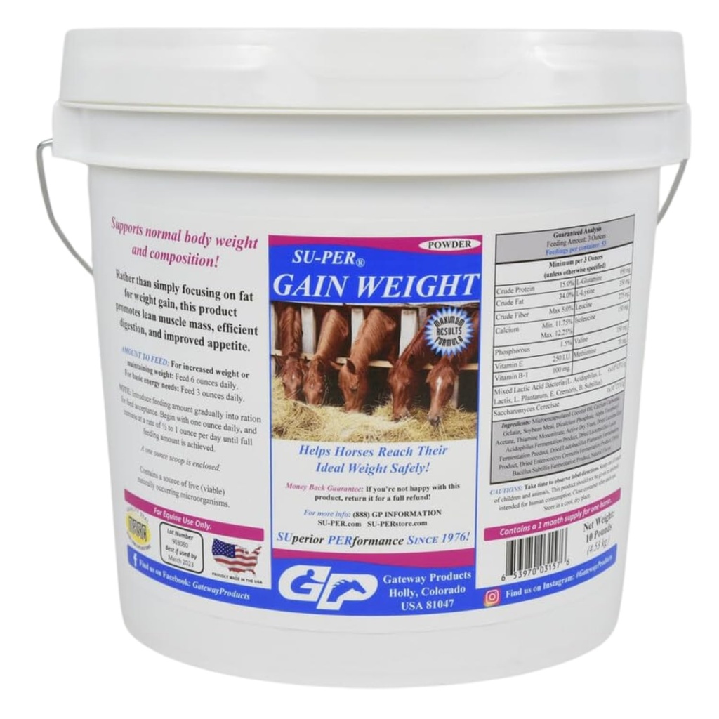 SUPER gain de poids pour les chevaux - supplément de poids équine pour les chevaux - favorise la masse musculaire maigre, la digestion et l'appétit - 10 livres, 1 mois d'approvisionnement