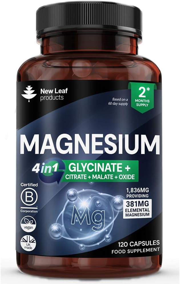 Magnesium Glycinate 4-in-1 Complex 2000mg - 449mg Elemental Magnesium High Strength Magnesium Supplements - Magnesium Bisglycinate,Citrate, Malate, Oxide - 120 Capsules - Vegan UK Made by New Leaf