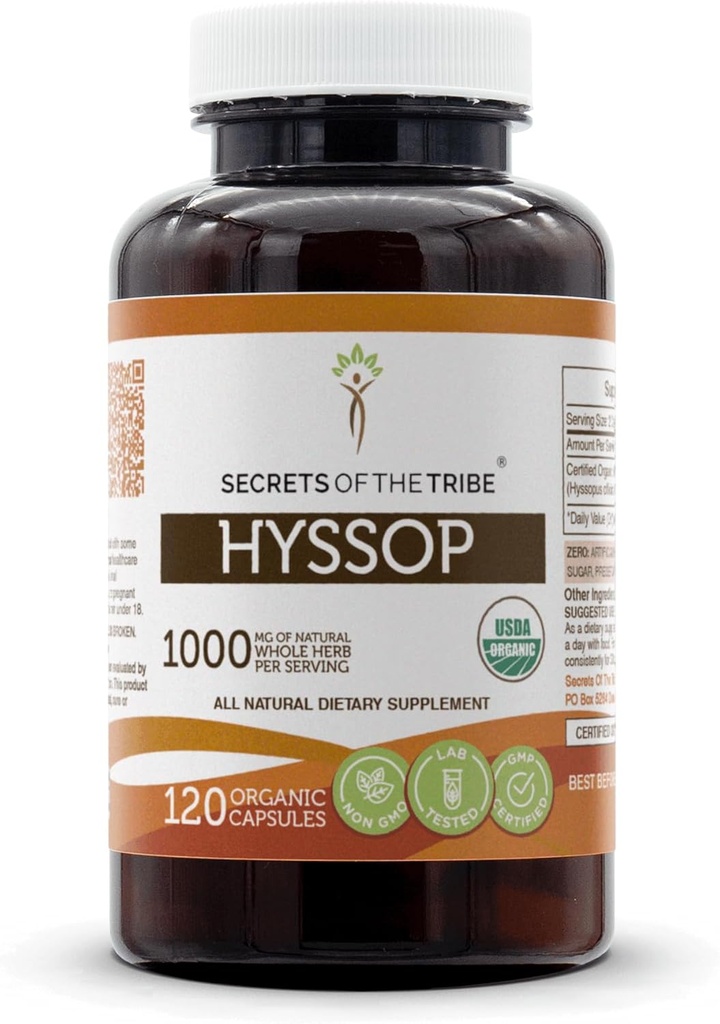 Secrets de la Tribe Hyssop Capsules biologiques USDA Capsules végétariennes certifiées, supplément alimentaire à base de plantes