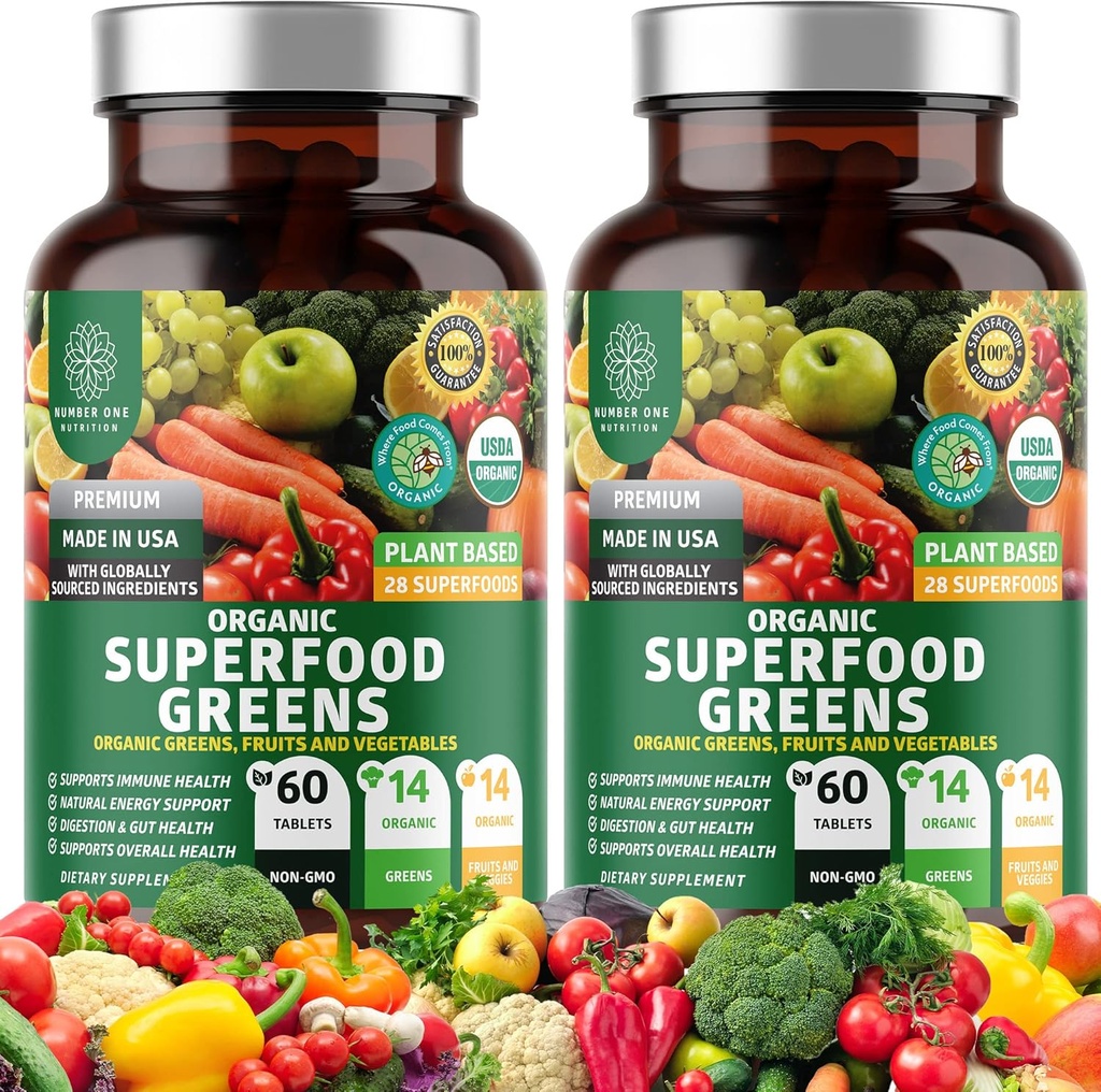 2-Pack N1N Premium Superfood Vert, Fruits et légumes [28 ingrédients puissants] Supplément naturel avec Alfalfa, Beet Root & Tart Cherry pour l'énergie, l'immunité, la digestion, 120 Ct