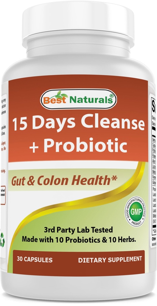 Best Naturals 15 Day Gut & Colon Cleanse + Probiotiques pour les femmes et les hommes avec Senna, Cascara Sagrada & Psyllium Husk- 30 Capsules - Sans OGM et sans gluten.