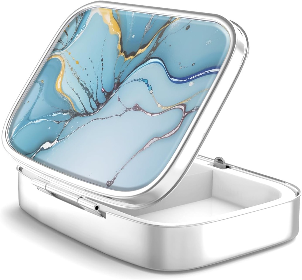 Pill Box 2 Compartiment Médicament Pill Case, Portable pour Pocket ou Purse Pill Box Décorative Metal Medicine Vitamine Organizer Cadeau unique (Bule Marble)