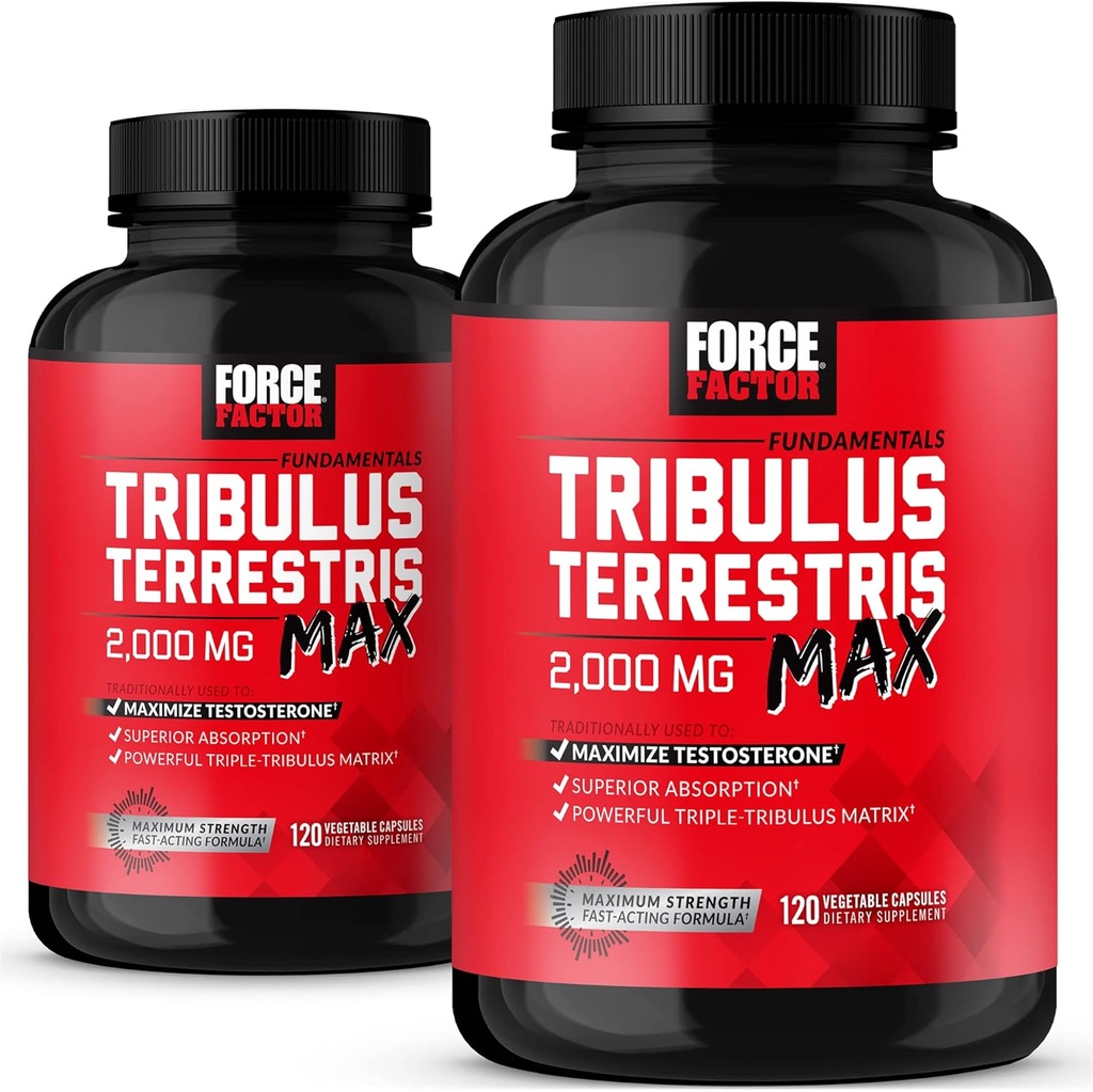 FACTEUR DE FORCE Tribulus Terrestris Max pour hommes 2-Pack, booster de testostérone, supplément de vitalité masculine, fait avec ingrédients naturels clés Absorption supérieure, 2000mg, 240 Capsules, Rouge