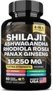 shilajit 9000 mg, Ashwagandha 2000 mg, Rhodiola Rosea 1000 mg, Panax Ginseng 1500 mg, cordyceps Mushroom 500 mg, Ginkgo Biloba 500 MG, Sting Nettle 250 mg, Tumeric 500 mg.
