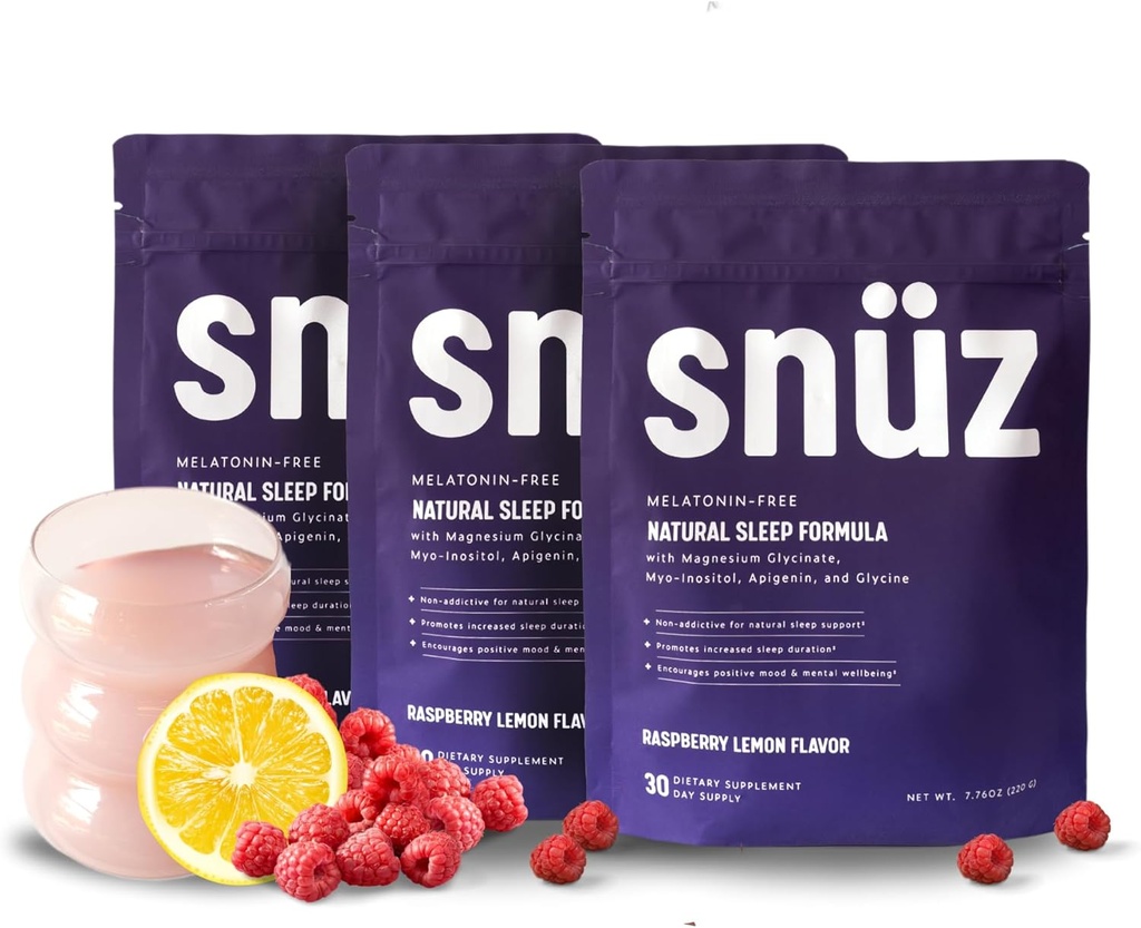 snüz Natural Sleep Support Supplement with Magnesium Glycinate, Myo-Inositol, Apigenin & Glycine, Melatonin Free, Sleep Aid for Adults, Non GMO, Gluten Free, Vegan, Raspberry Lemon Flavor, 90 Svgs