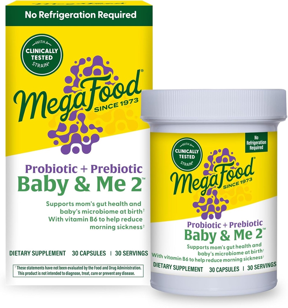 MegaFood Baby & Me 2 Grossesse prénatale probiotique, végétarienne Prébiotiques et probiotiques pour les femmes, la santé digestive et le soutien immunitaire avec vitamine B6 pour soulager la maladie du matin, 30 capsules