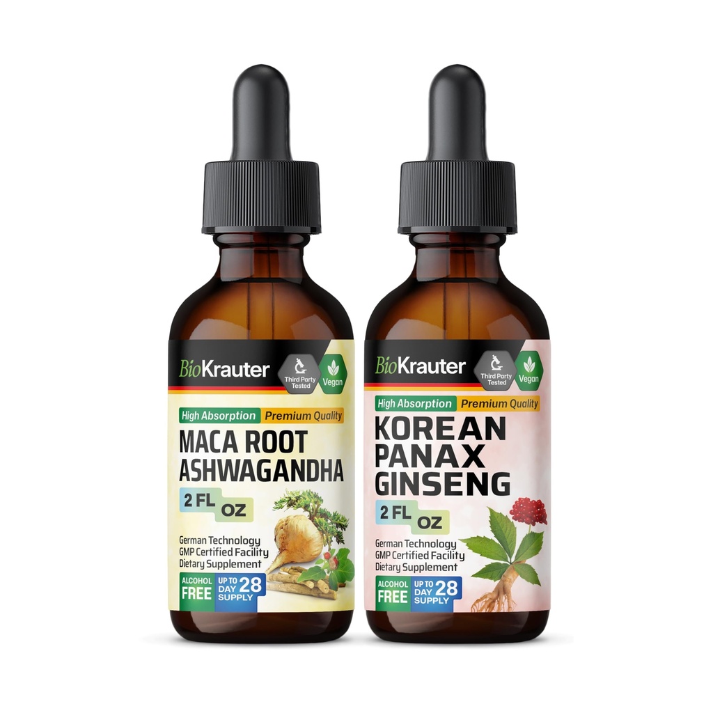 BIO KRAUTER Maca Racine Ashwagandha Teinture 2 Fl. Oz. et Coréen Panax Ginseng Teinture 2 Fl. Oz.
