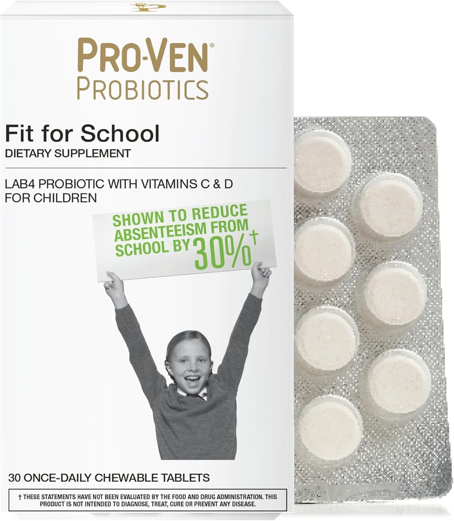 Pro-Ven Fit pour les enfants de l'école Probiotic Chewable Comprimés de 12,5 milliards d'UFC avec vitamine C et D pour les âges 4-16.