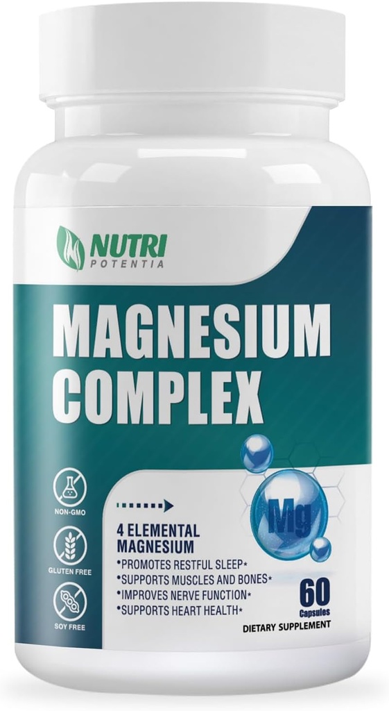 Supplément complexe de magnésium 500 mg- Suppléments minéraux de magnésium, Glycinat de magnésium, Citrate, Malate, Taurat avec B6 - Soutien des os, du coeur, des muscles et du système nerveux - 60 capsules