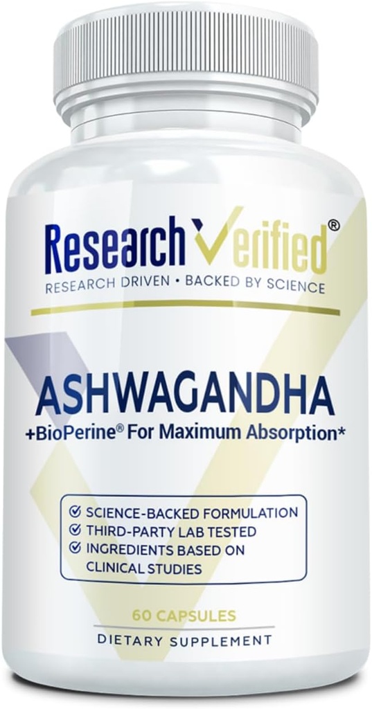 Recherche Verified Ashwagandha 1500mg Résistance maximale avec Bioperine et Ginger Root, Améliorer la fonction cognitive - 60 capsules amies des végétaliens (1 bouteille)
