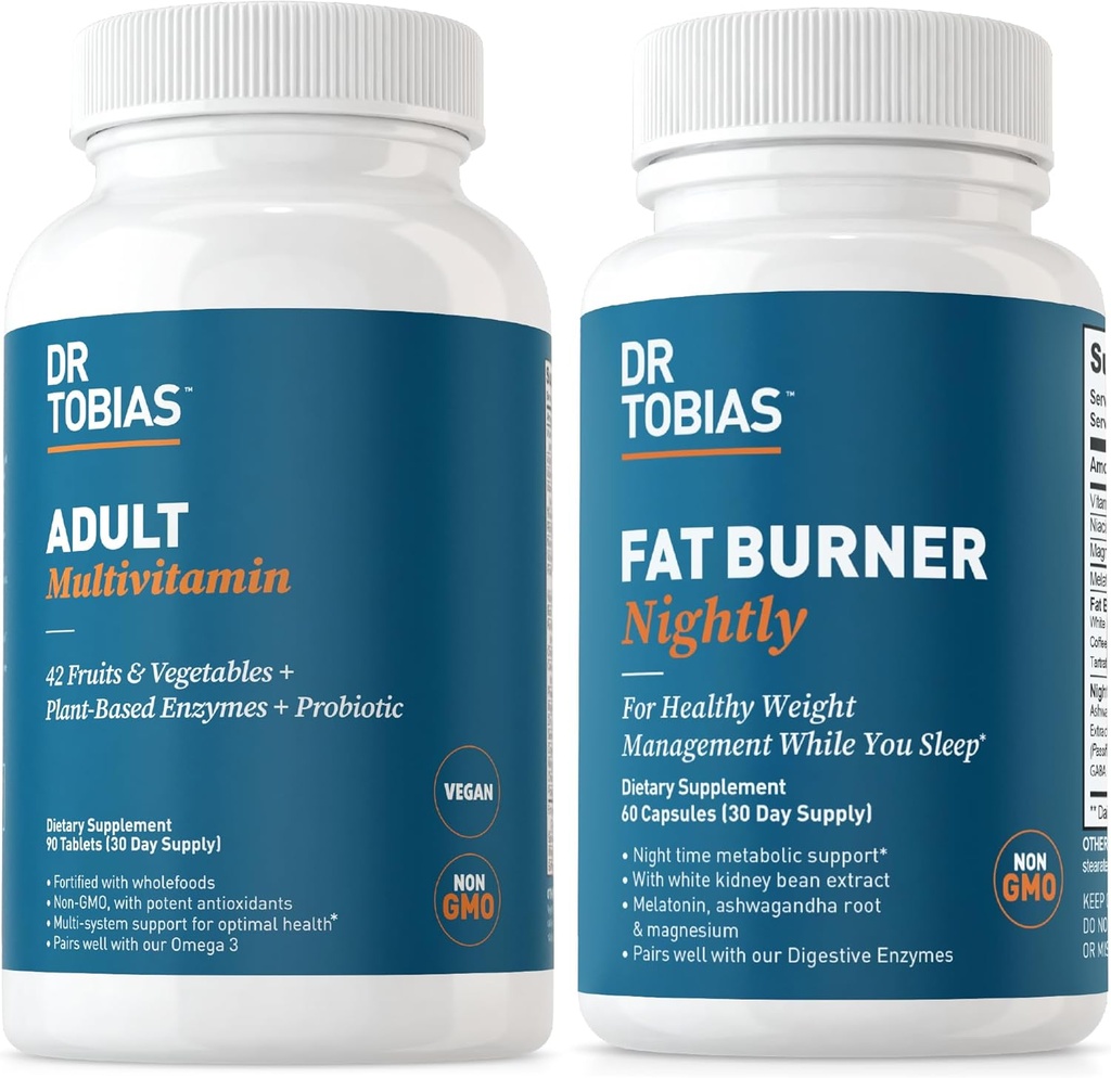 Dr Tobias Fat Burner Nightly & Adulte Multivitamine soutient l'énergie, l'immunité et le métabolisme avec Ashwagandha. 42 Fruits et légumes avec probiotiques, extrait de café vert, non-OGM, 30 jours d'approvisionnement