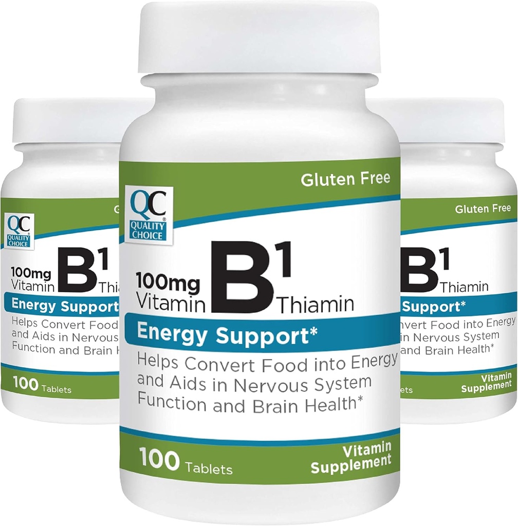 Choix de qualité Vitamine B1 Thiamine 100 mg Soutien énergétique, fonction du système nerveux, et la santé du cerveau Comprimés de supplément de vitamine, 100 bouteilles de comptage (3 pack)
