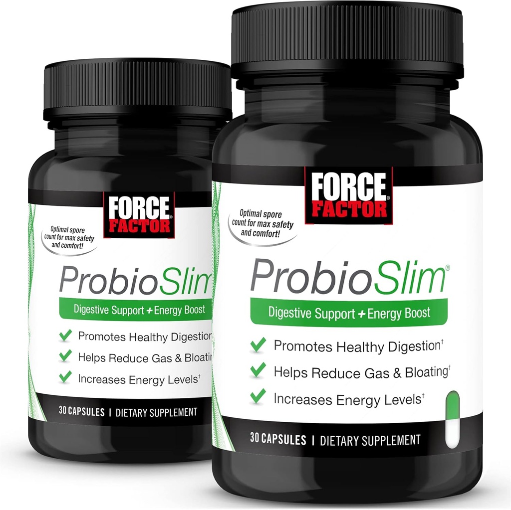 FACTEUR DE FORCE ProbioSlim, 2-Pack, Supplément probiotique pour les femmes et les hommes avec des probiotiques et extrait de thé vert, réduire le gaz, le ballonnement, la constipation, soutenir la santé digestive et la santé git, 60 capsules