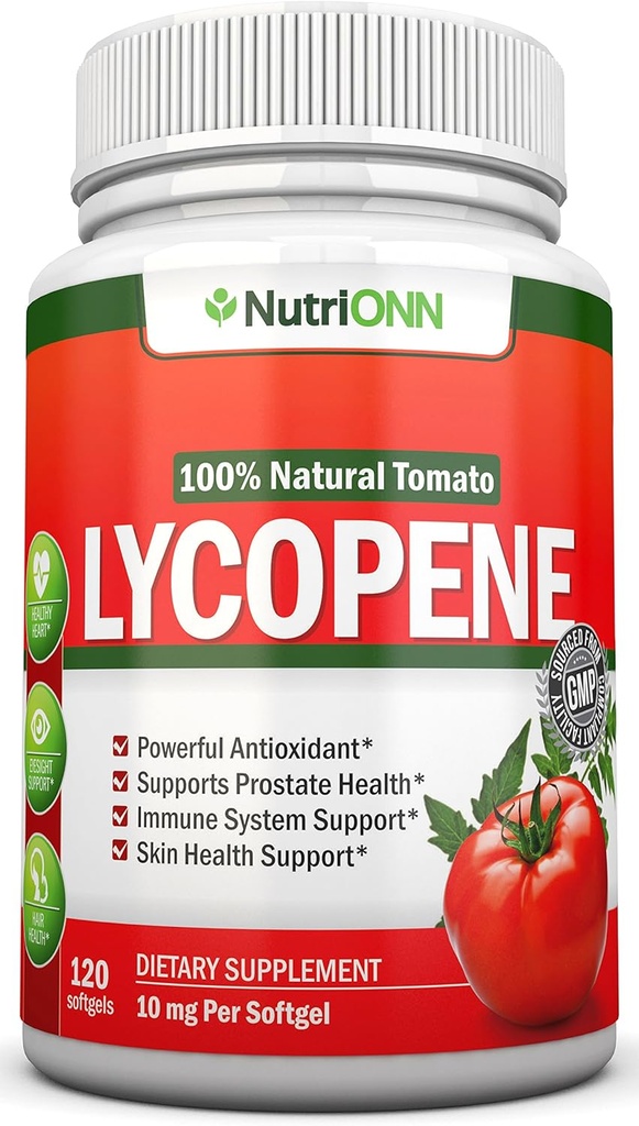 Lycopène - 10MG - 120 Softgels - Approvisionnement de 3 mois - Antioxydant de qualité supérieure - Tomate 100% naturelle - Idéal pour la santé de la prostate, le soutien du système immunitaire, la santé cardiaque et le soutien visuel