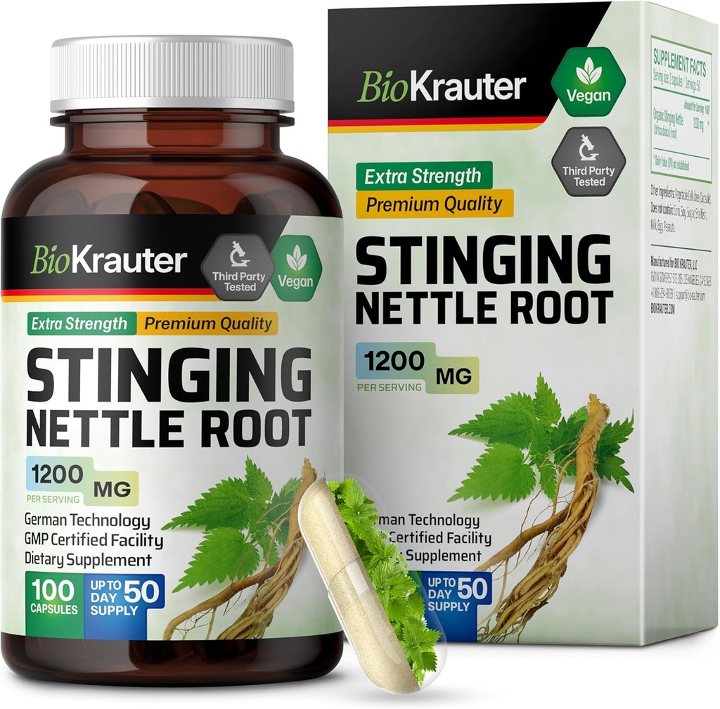 BIO KRAUTER Capsules de nébulisation 1200 mg - 100 Trait urinaire naturel et bouchons de soutien général - Poudre de racine de nébuleuse (Urtica Dioica) - Non OGM