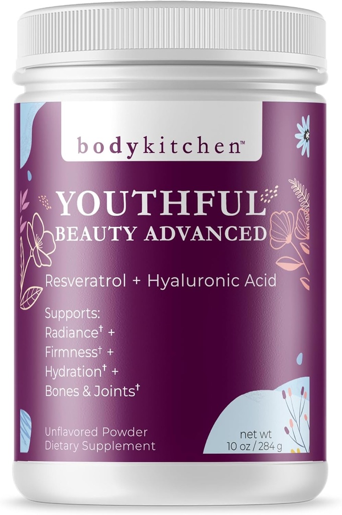 Body Kitchen Youthful Beauty Advanced, Collagen Peptides Poudre pour les beaux ongles de peau de cheveux, resvératrol et l'acide hyaluronique pour anti-âge et antioxydant support, herbe Fed (Pack de 1)