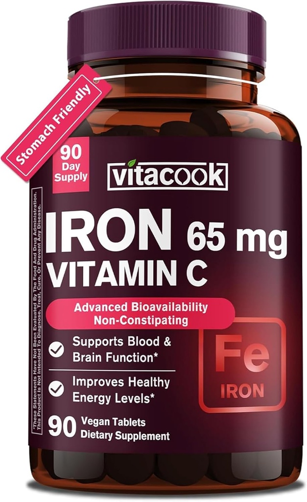 Supplément en fer pour les femmes Hommes , High Potency Iron 65mg avec vitamine C 250mg , Pilules de fer amies de l'estomac pour les globules rouges et le soutien immunitaire