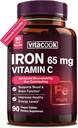Supplément en fer pour les femmes Hommes , High Potency Iron 65mg avec vitamine C 250mg , Pilules de fer amies de l'estomac pour les globules rouges et le soutien immunitaire