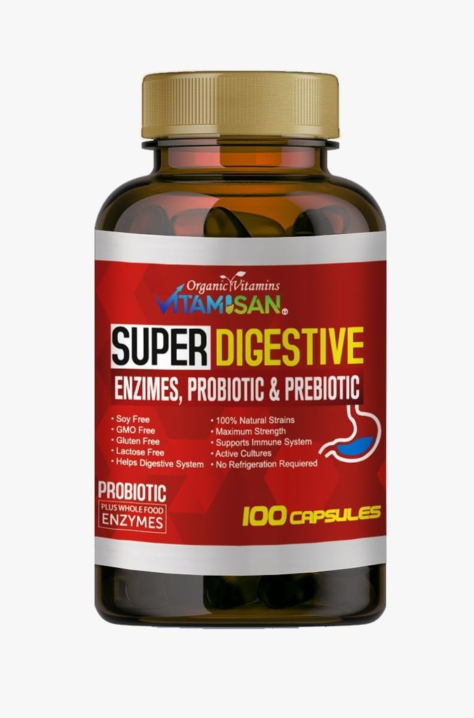 VITAMISAN Ventes Biliares Enzymes digestifs Pancreatin Enzimas Digestivas probiotiques et prébiotiques 100 capsules