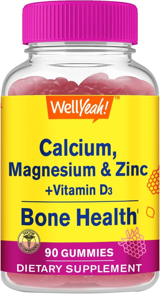 Calcium, Magnésium, Zinc + Vitamine D3 Gummies par WellYea , Soutien à la santé des os, des muscles et des nerfs, Soutien immunitaire pour les hommes et les femmes , Sans gluten, sans OGM , Flaveur de framboises , 90 Compte