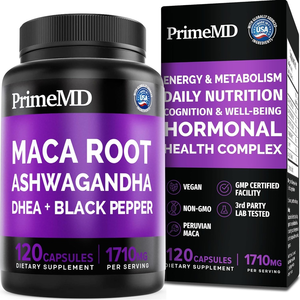 Capsules 6-en-1 de racine de maca ashwagandha biologique 1710mg avec DHEA et extrait de poivre noir pour les femmes et les hommes - Supplément de la maca noire pour l'endurance, les os et l'humeur, 120 nombre