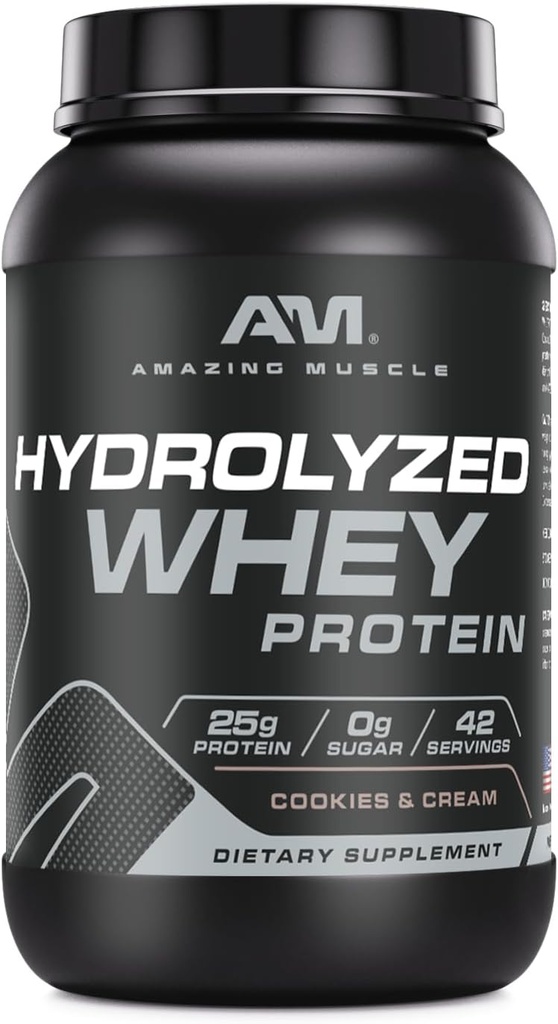 Amazing Muscle Hydrolyzed Whey Protein Isolate Cookies & Cream Flavor Supplement | 25 G Protein | 3 Lb (1.36 Kg | Made in USA