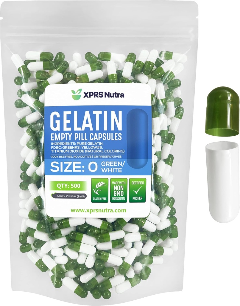 XPRS Nutra Size 0 Empty Capsules - 500 Count Empty Gelatin Capsules - Pills DIY Capsule Filling - Pure Bovine Pill Gel Caps for Do-It-Yourself Supplements (Green/White)