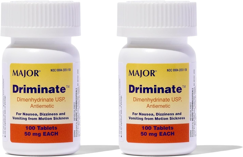 MAJOR Driminat - Dimenhydrinate 50mg Comprimés de maladie du mouvement - Anti-Nauséa - 100 Comprimés (2 Pack)