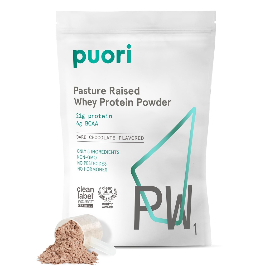Poudre Puori Whey Protéine, Chocolat foncé - PW1 Mélange de poudre de poudre de poudre de lactosérum à pâte herbacée contenant des acides aminés BCAA - Supplément post-entraînement pour le gain musculaire et la récupération - 30 portions