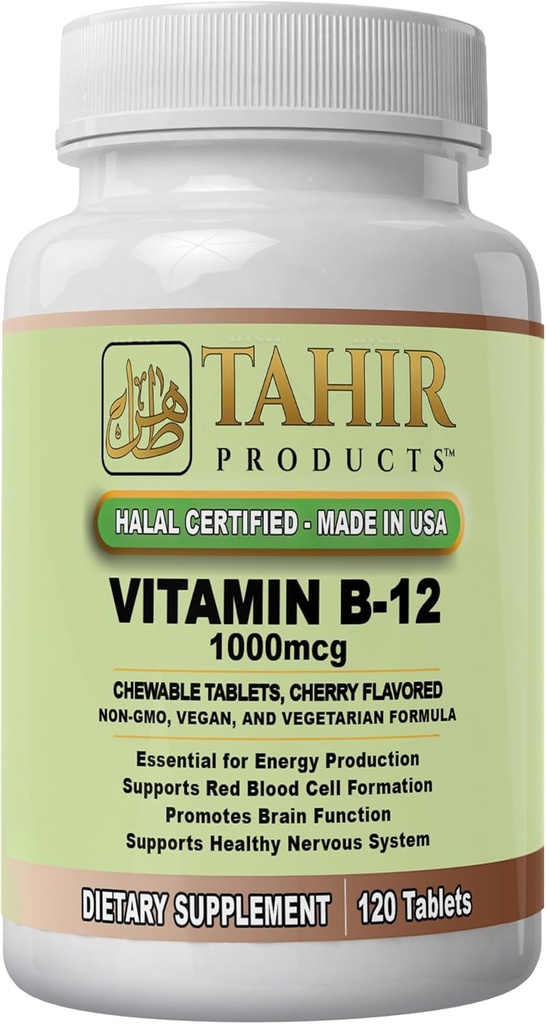 Tahir Halal Vitamine B12 1000mcg: stimule l'énergie, le métabolisme et la santé du système nerveux. Vegan & Végétarien, sans laiterie, 120 comprimés à croquer. Fabriqué aux États-Unis - Certifié Halal.
