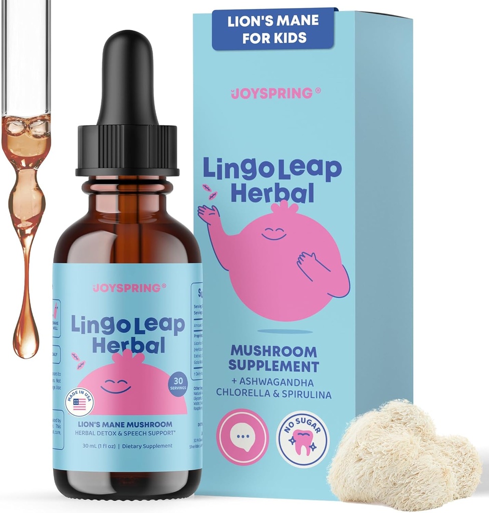 JoySpring Lions Mane pour les enfants , Supplément de délai de parole pour les enfants et les tout-petits , Lion , Gotu Kola & Ashwagandha pour la orthophonie et le soutien cognitif – Easy-Take Liquid , LingoLeap Herbal