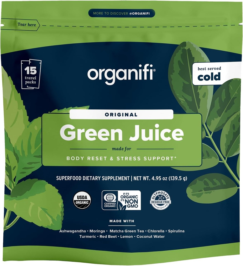Organifi: GO Packs - Jus vert - Poudre de supplément bio Superfood - 15 Packs de voyage - Verts végétaliens organiques - Hydrates et revitalise