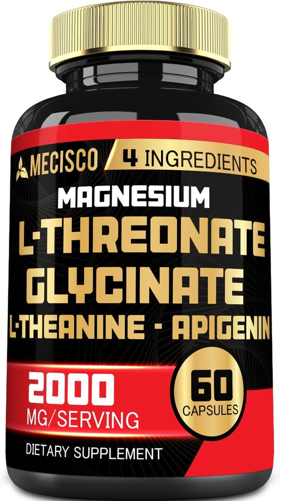 2000mg Supplément Thréonate de magnésium L avec Glycinate de magnésium, L-Theanine et Apigenin - 60 capsules - humeur positive, santé du cerveau, capacité de se souvenir et soutien à la croissance musculaire