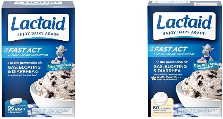 Lactaid Fast Act Caplets de soulagement de l'intolérance à la lactase avec enzyme de lactase, 96 Comte & Fast Act Intolérance à lactose Chewables avec enzymes de lactase, Vanille, 60 Comte (paquet de 1)