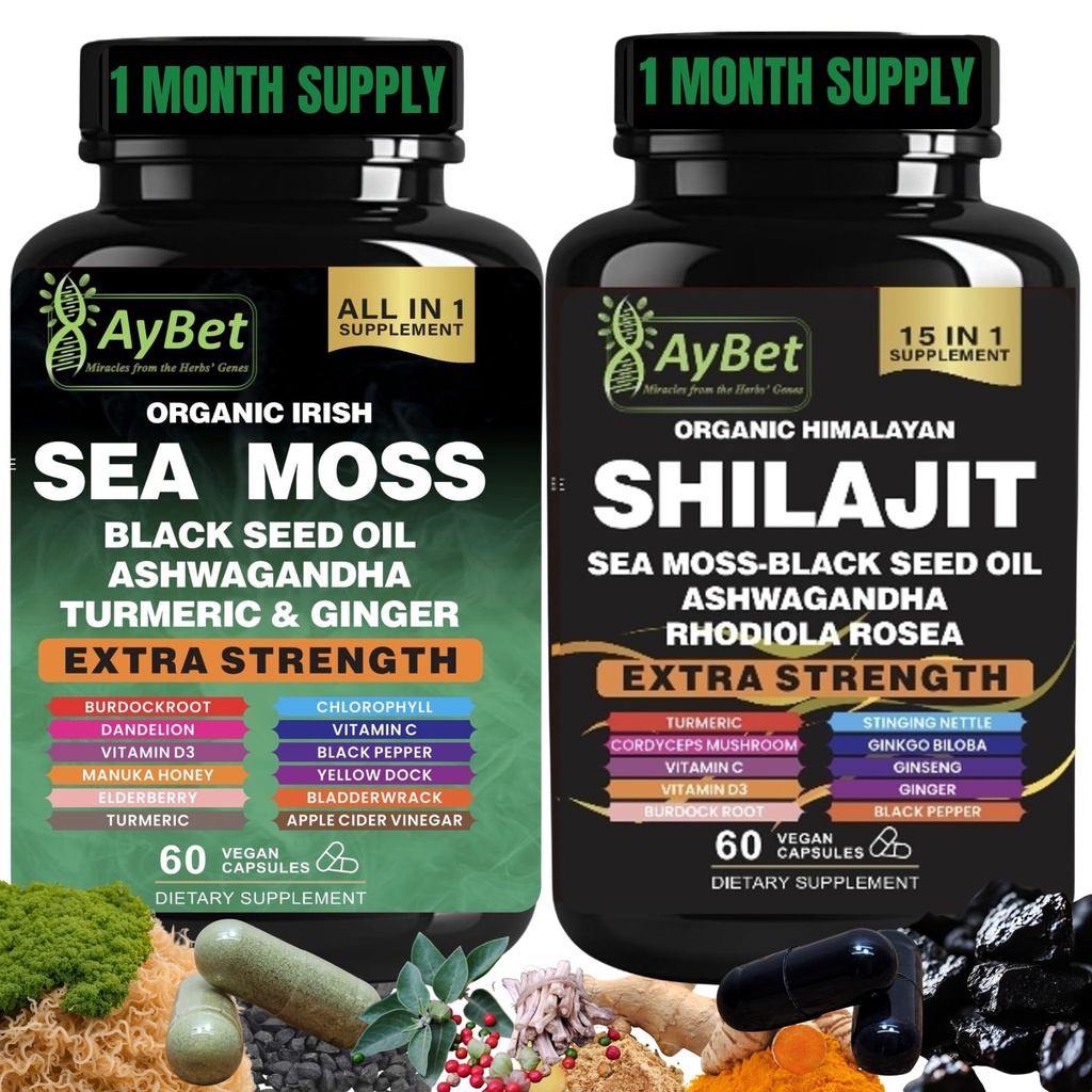 Sea Moss Shilajit Combo Bundle Capsule, Black Seed Oil, Ashwagandha, Rhodiola Rosea, Burdock, Turmeric, Ginger, VitC, VitD3, Tous en un seul supplément, 120 Capsules, Halal, Vegan, USDA Organic