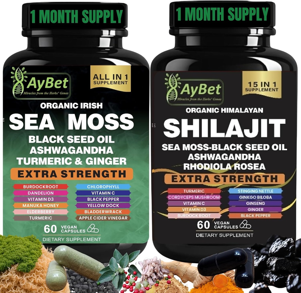 Sea Moss Shilajit Combo Bundle Capsule, Black Seed Oil, Ashwagandha, Rhodiola Rosea, Burdock, Turmeric, Ginger, VitC, VitD3, Tous en un seul supplément, 120 Capsules, Halal, Vegan, USDA Organic
