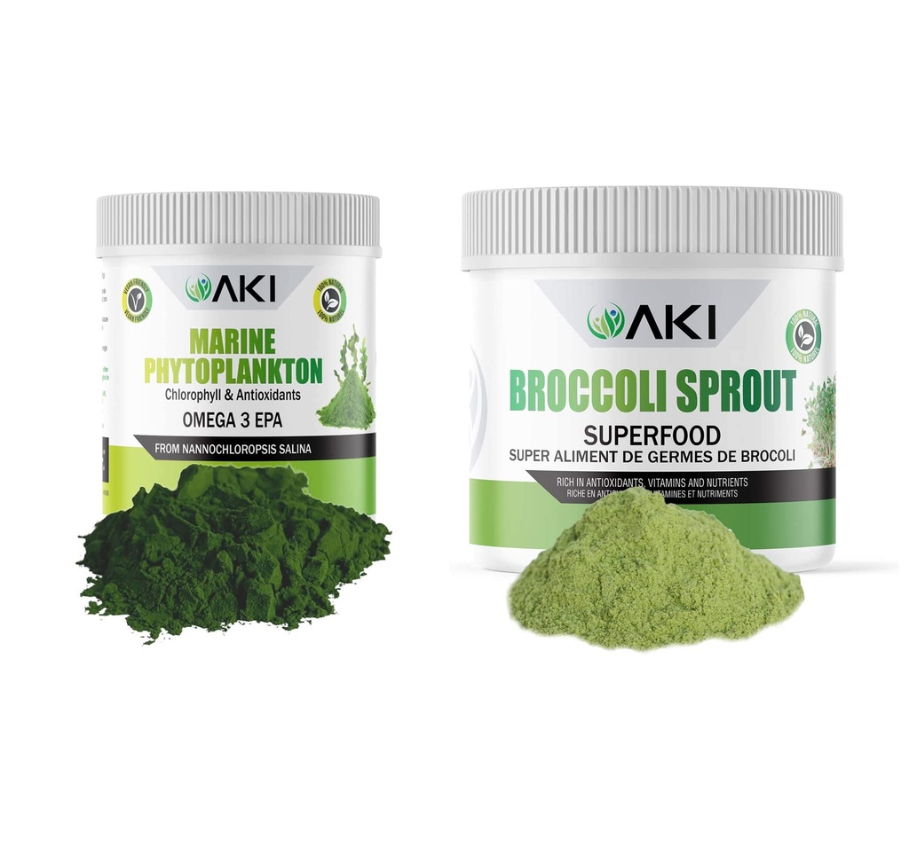 AKI Broccoli Sprout Powder (5.29oz / 150g) and Marine Phytoplankton Powder (2 Oz / 57G) - Plant Based Proteins & Ideal in Vitamins | Vegan & GMO Free