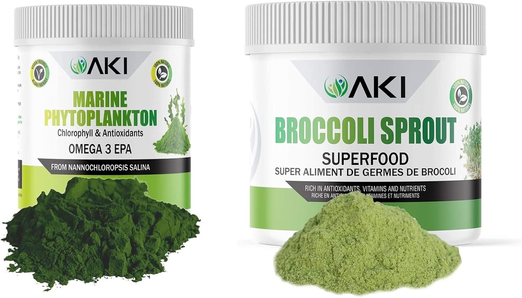 AKI Broccoli Sprout Powder (5.29oz / 150g) and Marine Phytoplankton Powder (2 Oz / 57G) - Plant Based Proteins & Ideal in Vitamins | Vegan & GMO Free