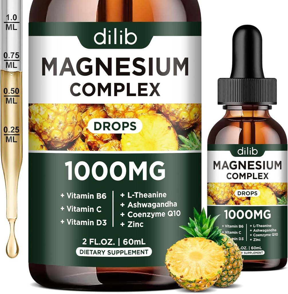 Supplément triple complexe de magnésium, glycinate de magnésium, mélange, citrate gouttes liquides 1000mg avec Ashwagandha, CoQ10, vitamine B6, C, D, zinc - saveur d'ananas végétalien