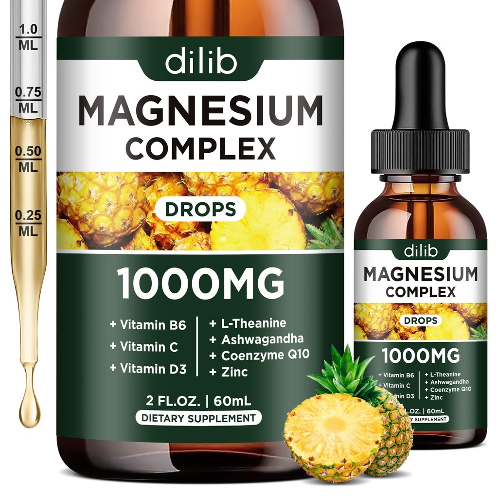 Triple Magnesium Complex Supplement, Magnesium Glycinate, Blend, Citrate Liquid Drops 1000mg with Ashwagandha, CoQ10, Vitamin B6, C, D, Zinc - Vegan Pineapple Flavor