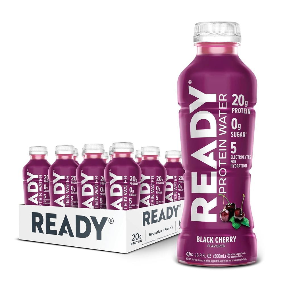 Ready® Protein Water – 20g Whey Protein Isolate, Zéro Sucre, Boissons sportives à faible teneur en calories pour l'hydratation et la récupération – Electrolytes, acides aminés essentiels – Cerise noire, 16,9 fl oz Bouteilles (12-Pack)