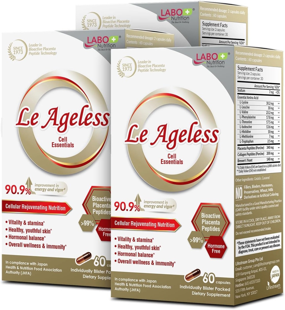 LABO Nutrition Le Ageless – Thérapie de rajeunissement des cellules placentaires du Japon – Enrichie avec du peptide de collagène et du Brewer, levure pour soutenir la santé immunitaire, la régénération cutanée, anti-âge – 60 capsulesX3